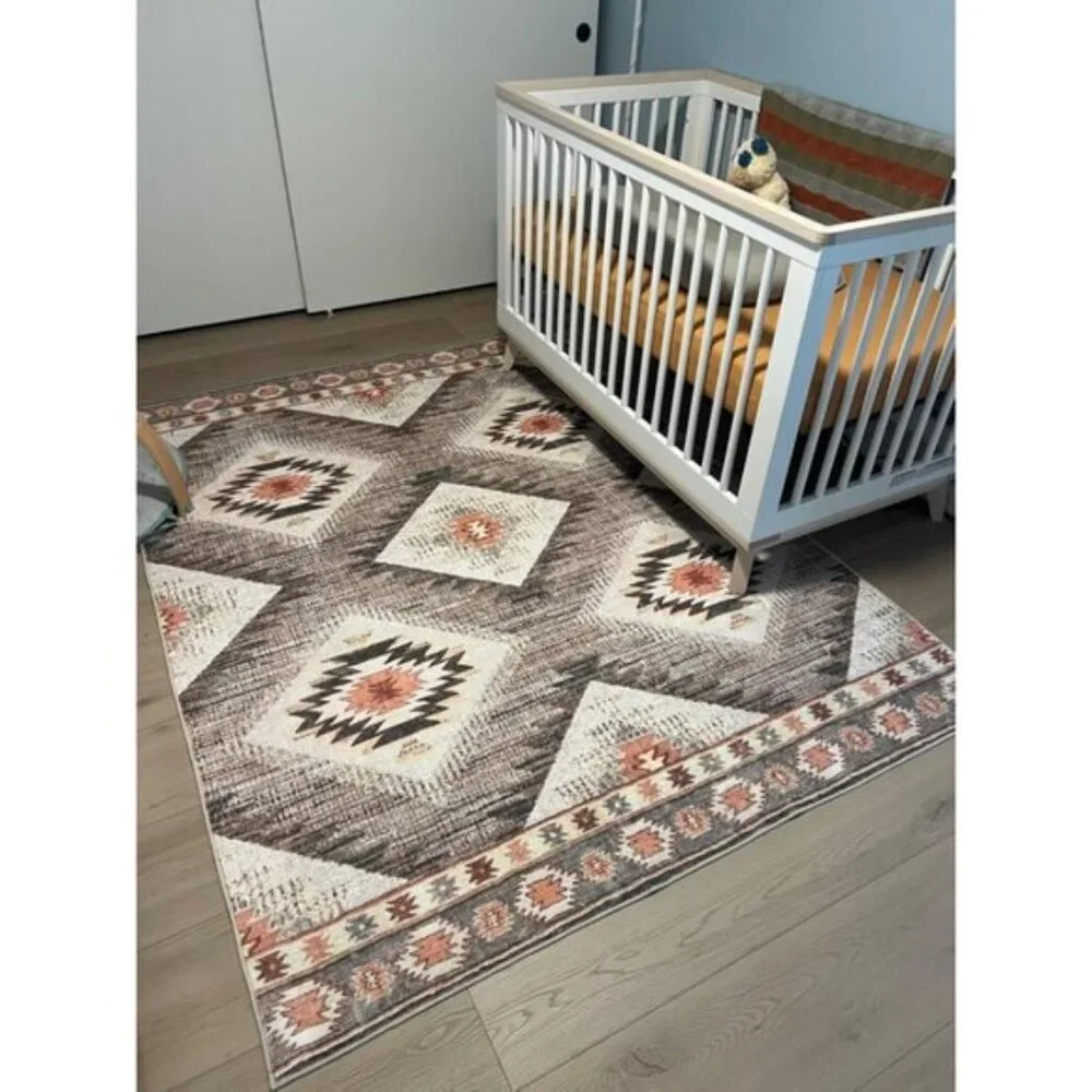 New 5x7 Cream Camel Western Rug, Washable Low Pile Non-Slip Area Carpet for Home